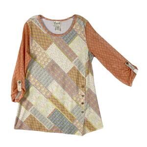 NWOT VINCENTE Blouse Tunic L Multi Patchwork Fishnet-Half-Roll-Tab-Slv Button